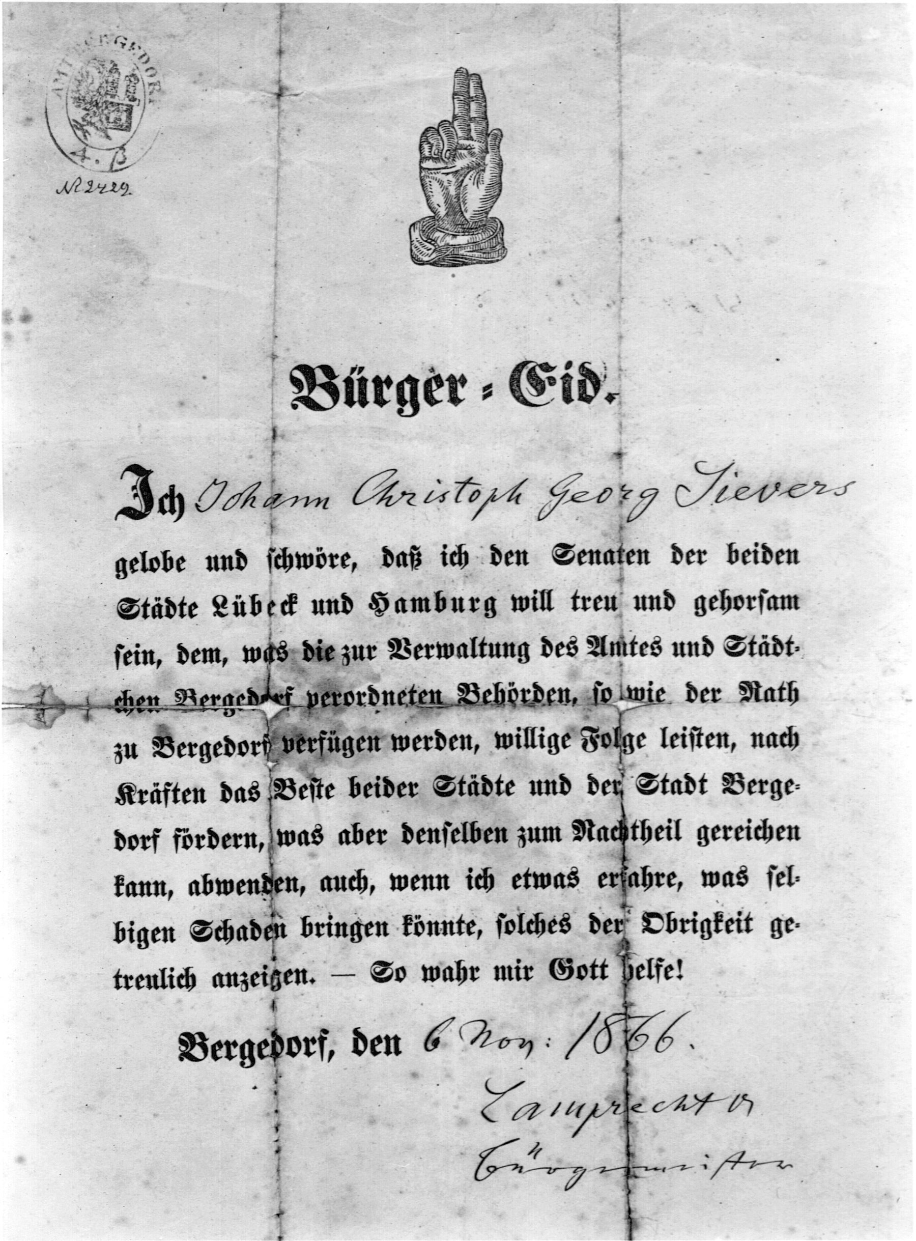 Urkunde: Bürger-Eid von Johann Christoph Georg Sievers, Bergedorf